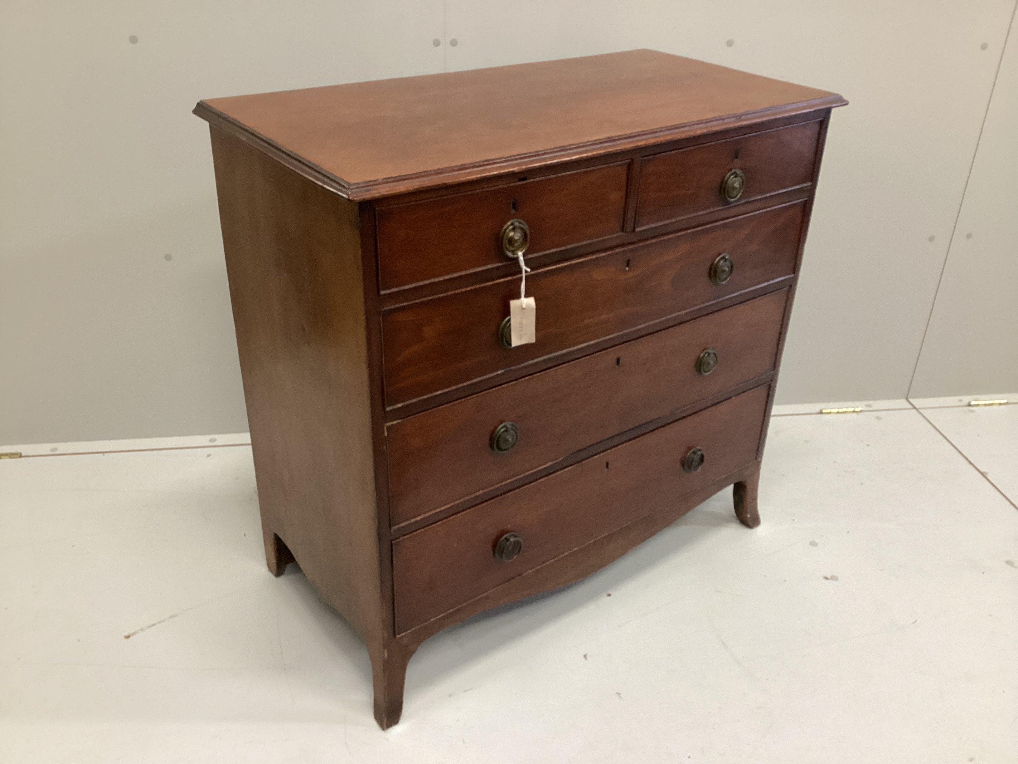 A small George IV mahogany five drawer chest, width 93cm, depth 47cm, height 89cm